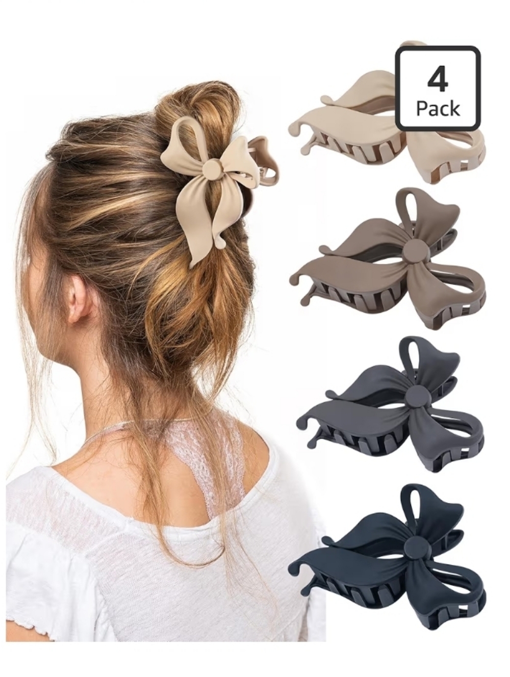 4-Pack Bow Hair Claw Clips for Women - Black, Gray, Dark Brown, Light Brown